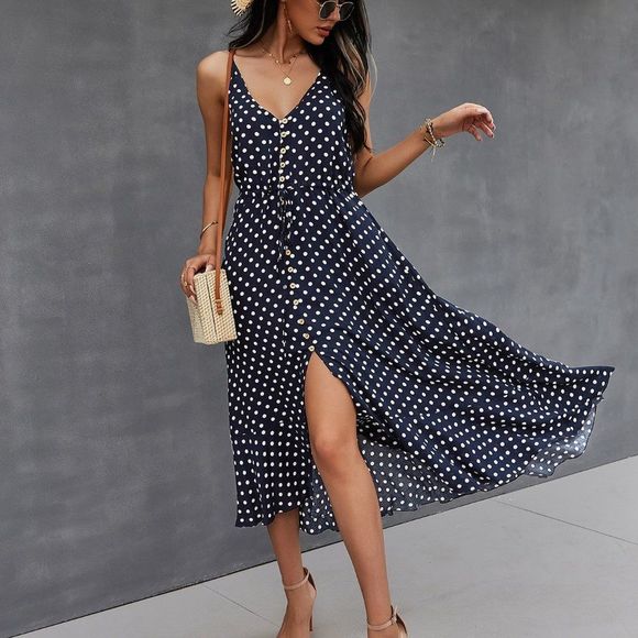 New Button Through Drawstring Waist Polka Dot Cami Dress Navy blue 226 - Picture 5 of 6